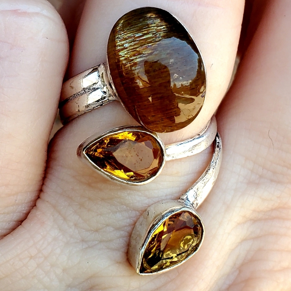 New Silver Sheen Obsidian & Citrine Open Cuff 925 Silver Ring. - Picture 7 of 16